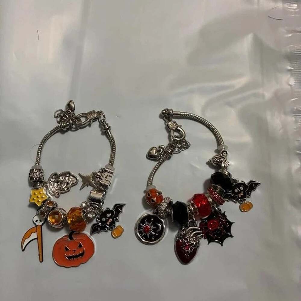 Set of 2 Halloween Charm Bracelets Silver Black Fashion Jewelry